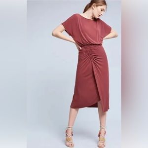NWT Moulinette Soeurs Etta Ruched Midi Dress Size Small Wine Red Anthropologie